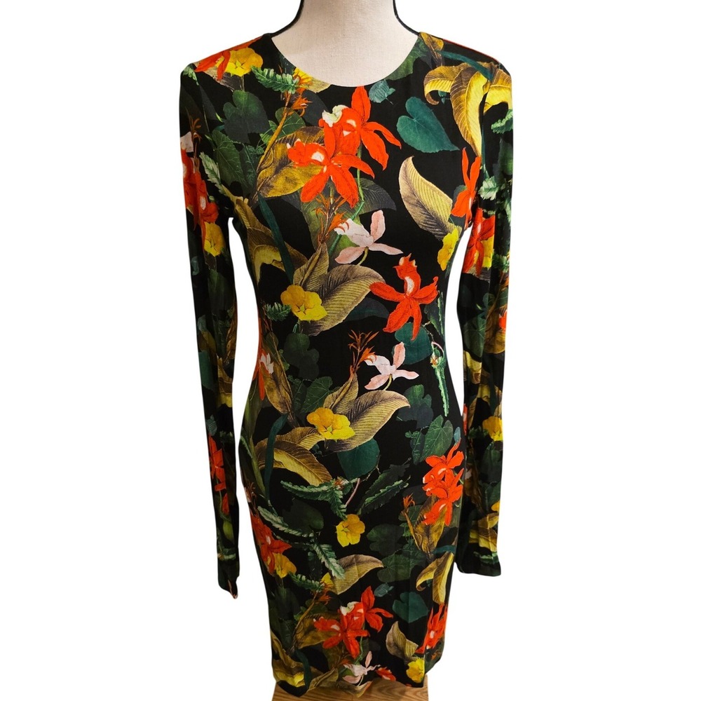 Alice + Olivia Floral Long Sleeve Bodycon Dress Black Orange Botanical Size 6